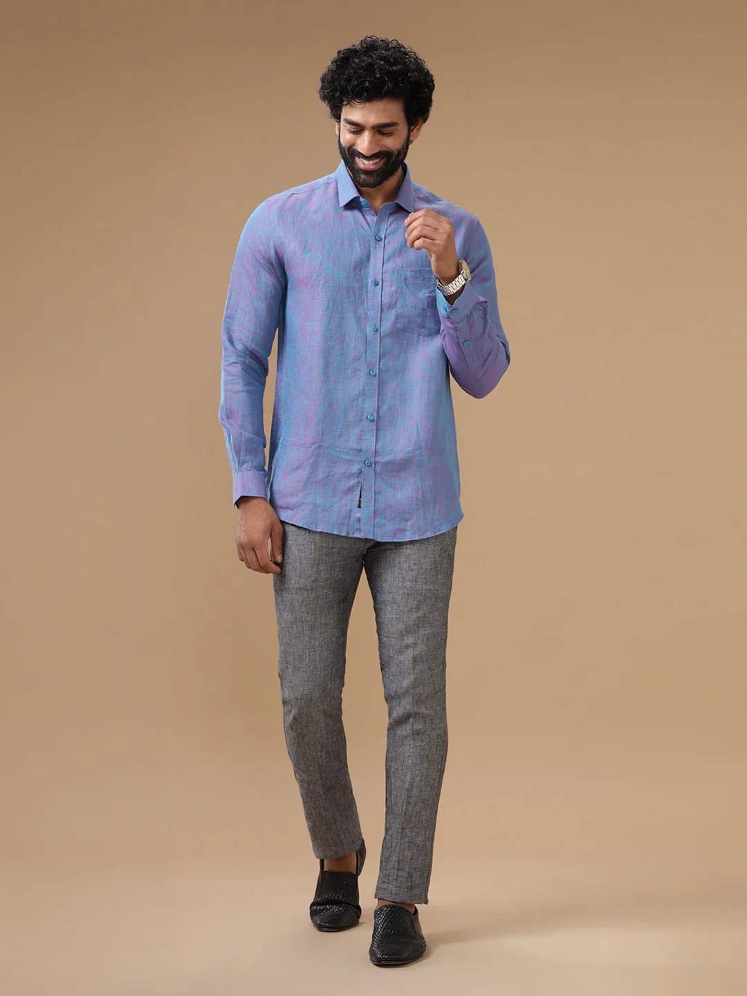 Men Pure Linen Violet Shirt L81 - Image 6