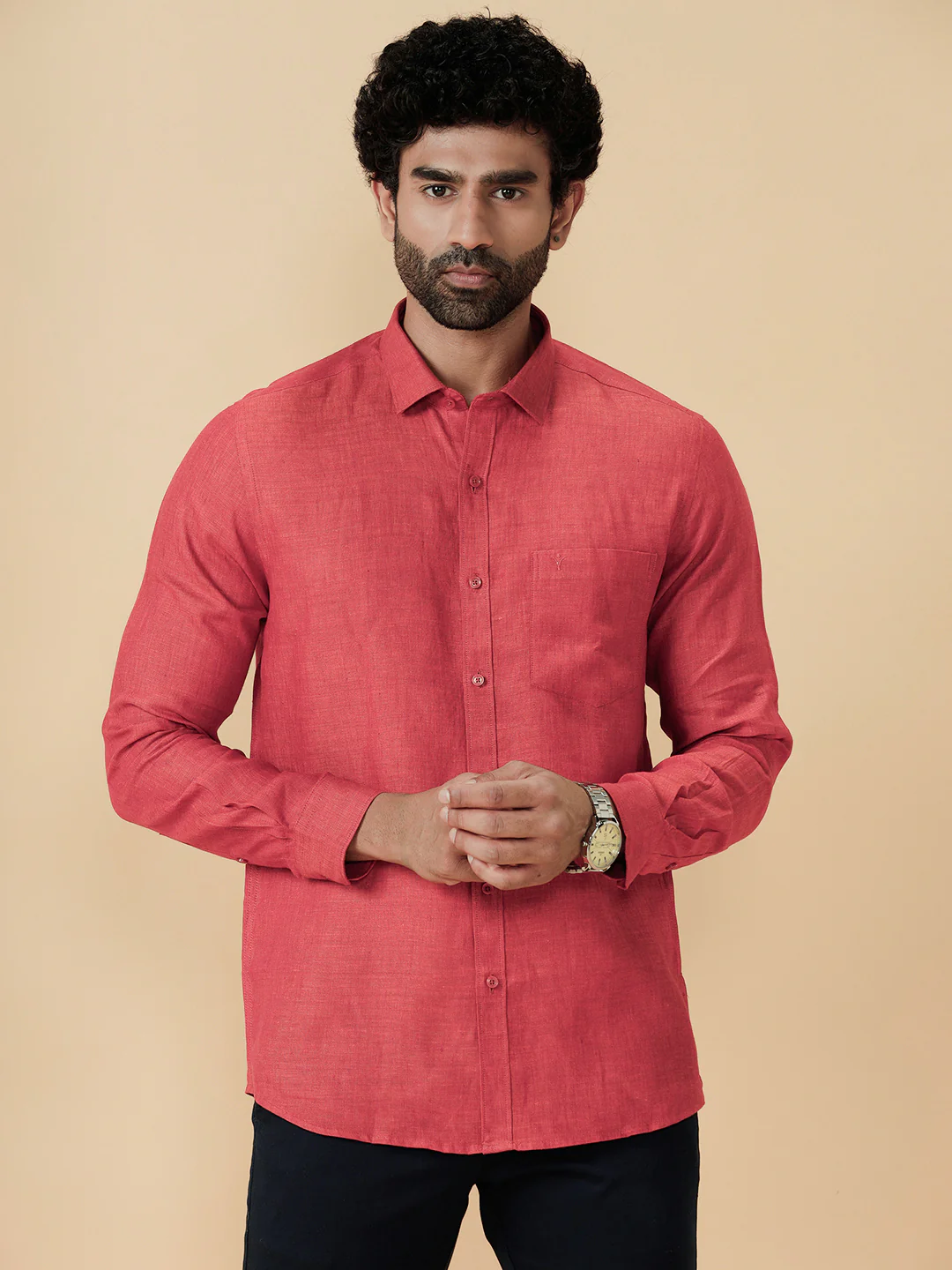 Men Pure Linen Vivid Red Shirt L14