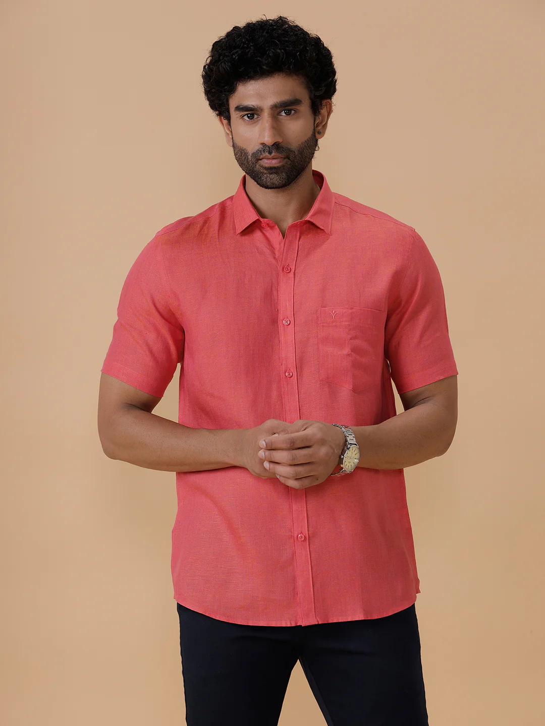Men Pure Linen Vivid Red Shirt L14 - Image 2