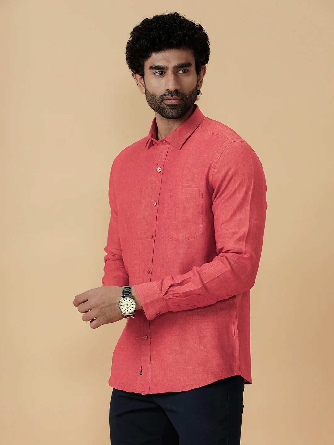 Men Pure Linen Vivid Red Shirt L14 - Image 3