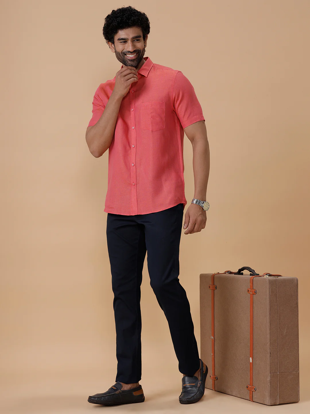 Men Pure Linen Vivid Red Shirt L14 - Image 6