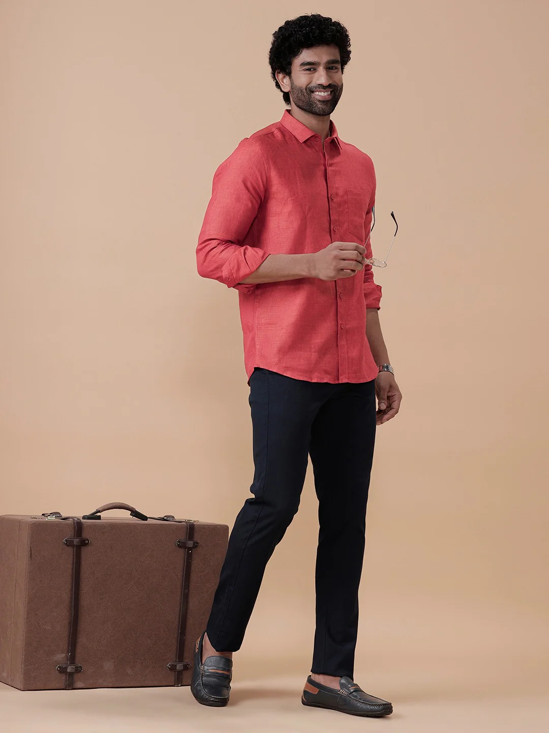 Men Pure Linen Vivid Red Shirt L14 - Image 7