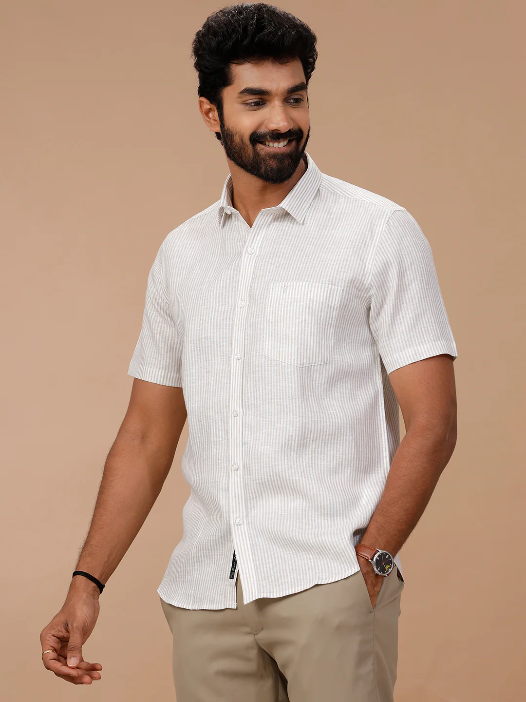 Men Pure Linen White Shirt with Olive Green Stripes LS87 - Image 2