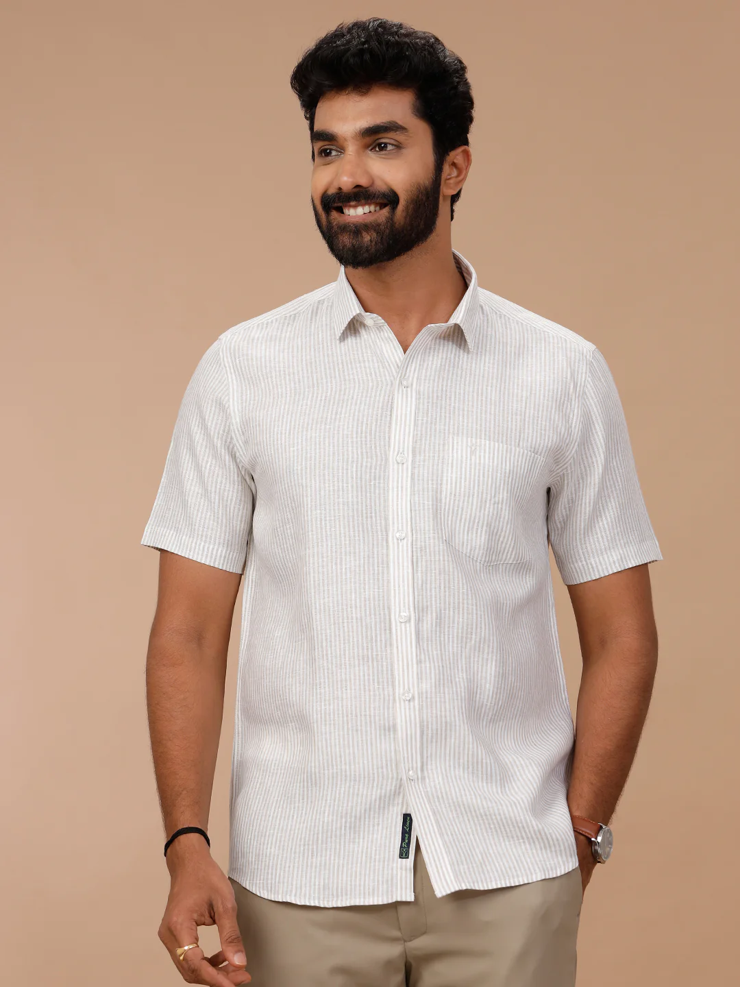 Men Pure Linen White Shirt with Olive Green Stripes LS87 - Image 3