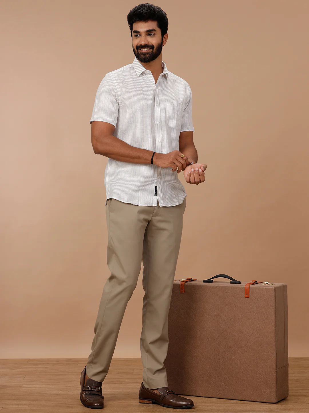 Men Pure Linen White Shirt with Olive Green Stripes LS87 - Image 4