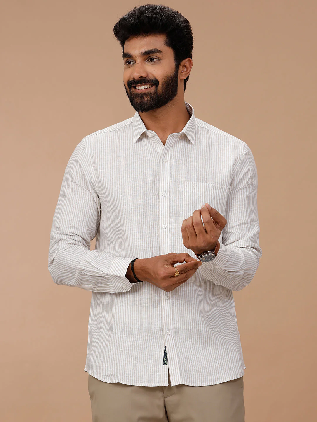 Men Pure Linen White Shirt with Olive Green Stripes LS87 - Image 5