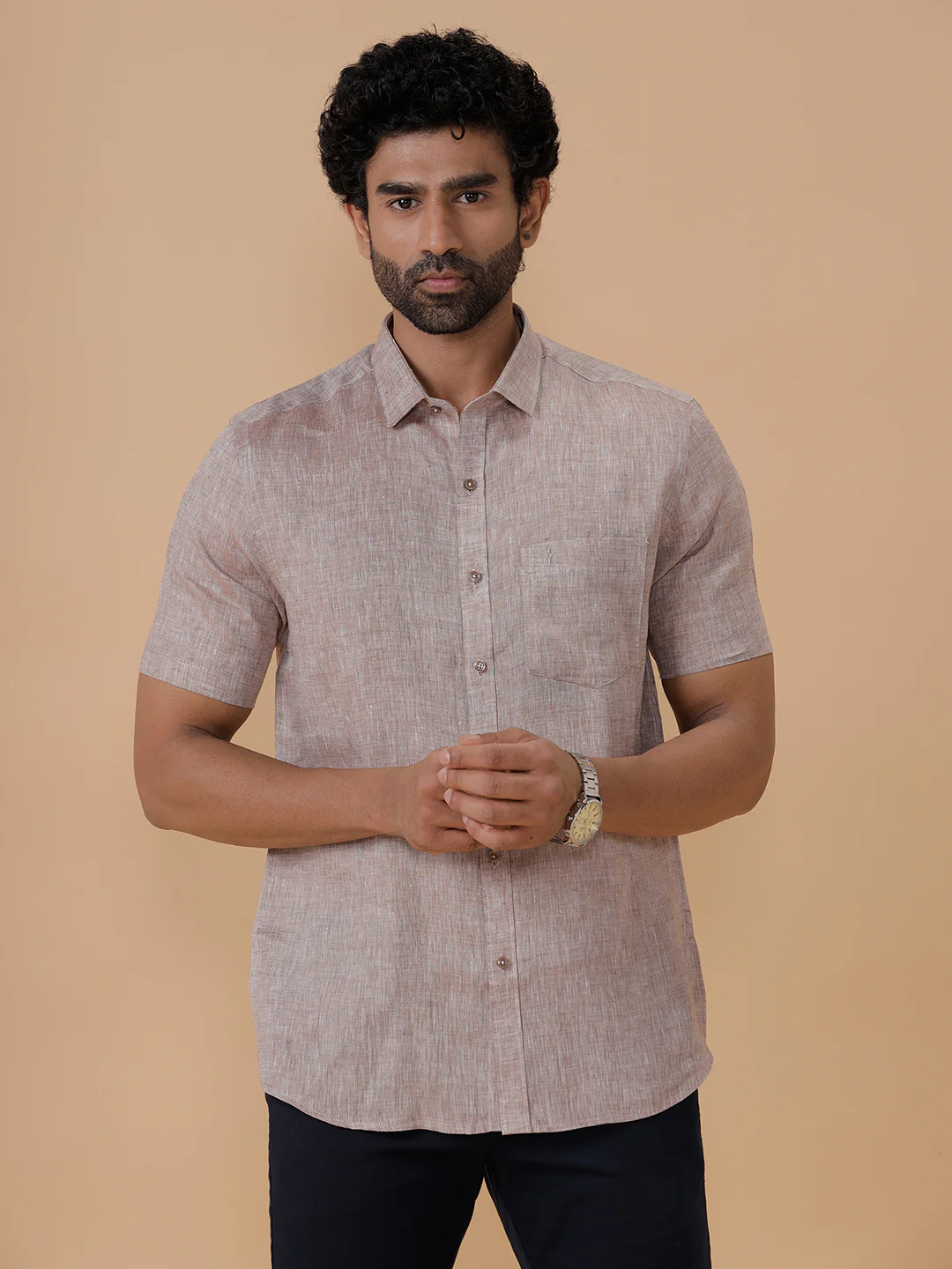 Men Pure Linen Woody Brown Shirt L49 - Image 2