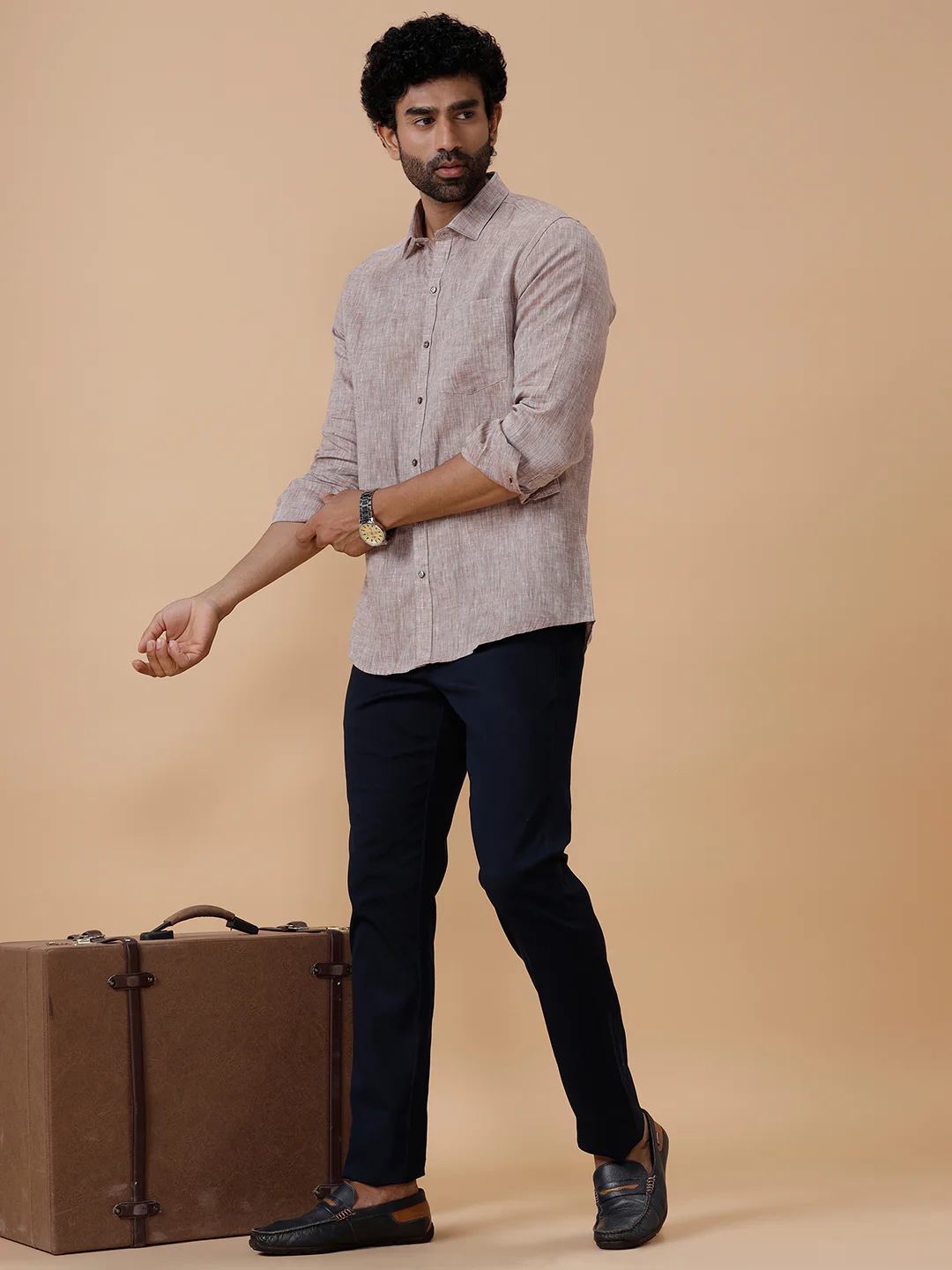 Men Pure Linen Woody Brown Shirt L49 - Image 3