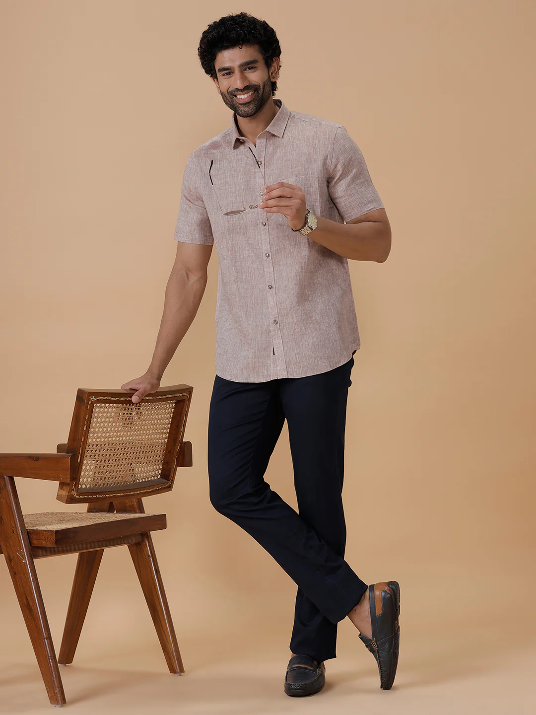 Men Pure Linen Woody Brown Shirt L49 - Image 4
