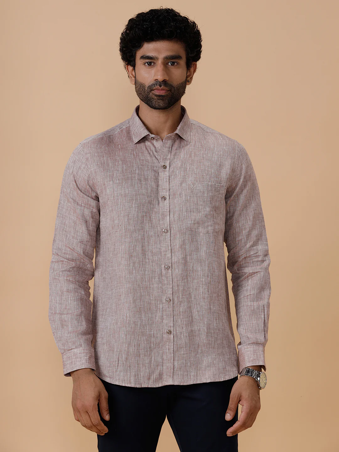 Men Pure Linen Woody Brown Shirt L49 - Image 5