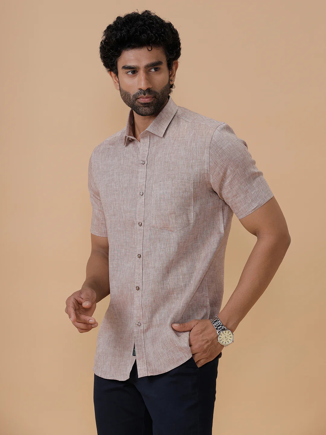 Men Pure Linen Woody Brown Shirt L49 - Image 6