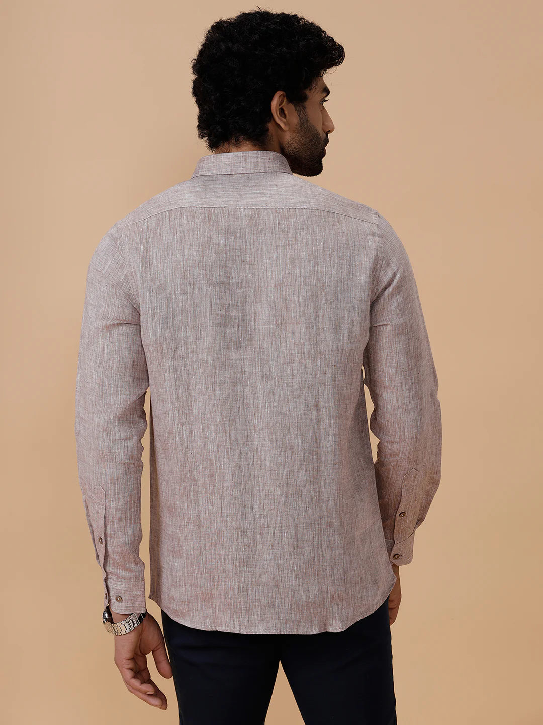 Men Pure Linen Woody Brown Shirt L49 - Image 8