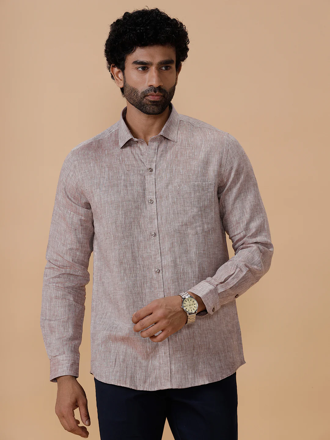 Men Pure Linen Woody Brown Shirt L49 - Image 9