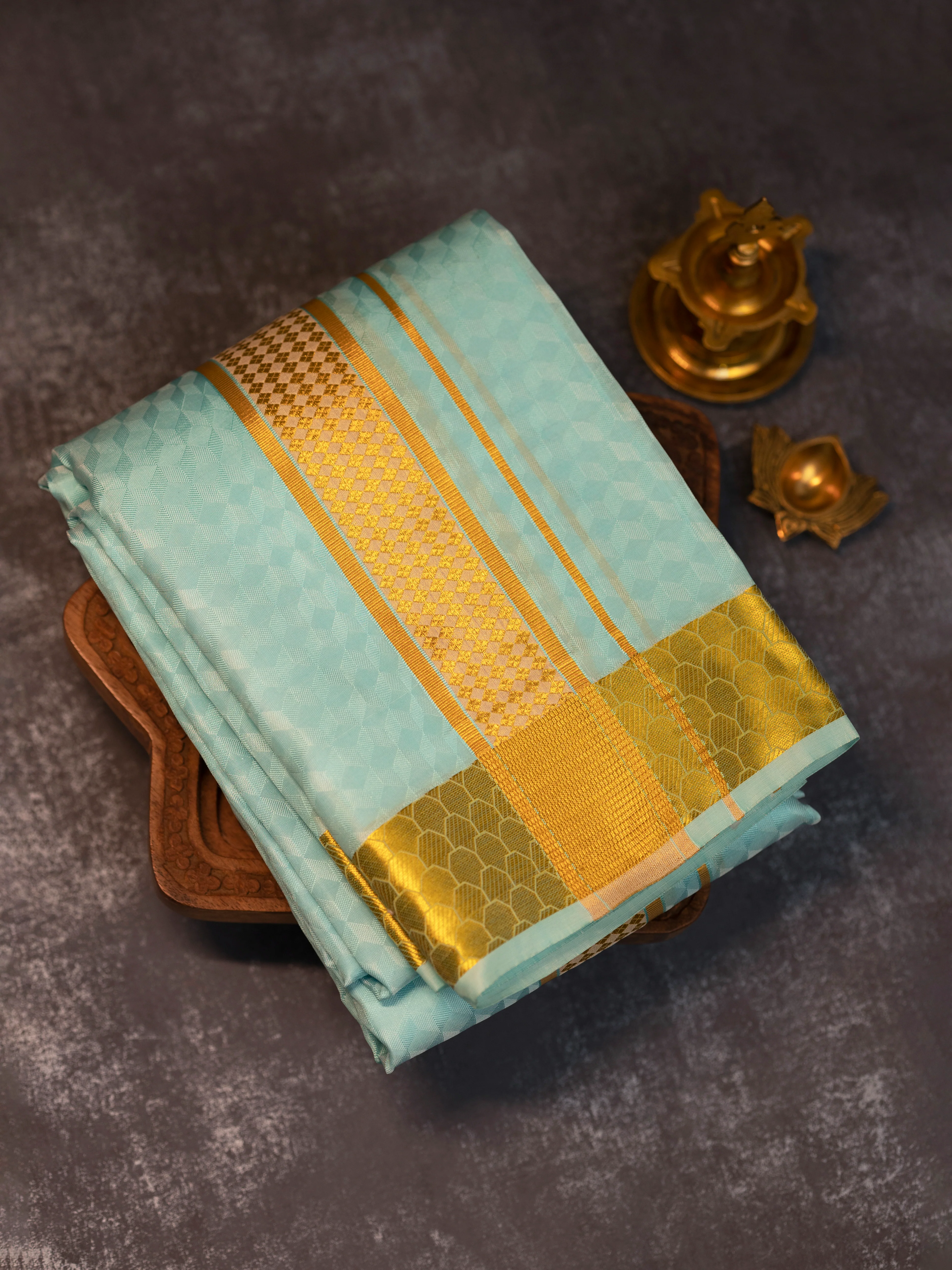 Men Pure Silk Blue Dhoti Shirting & Towel Set with 2 1/2 " inch Gold Jari Border RJ04 - Image 2