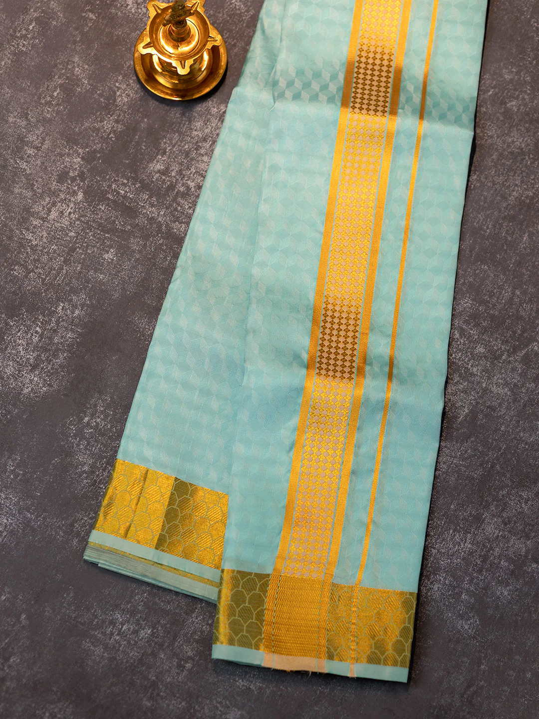 Men Pure Silk Blue Dhoti Shirting & Towel Set with 2 1/2 " inch Gold Jari Border RJ04 - Image 3