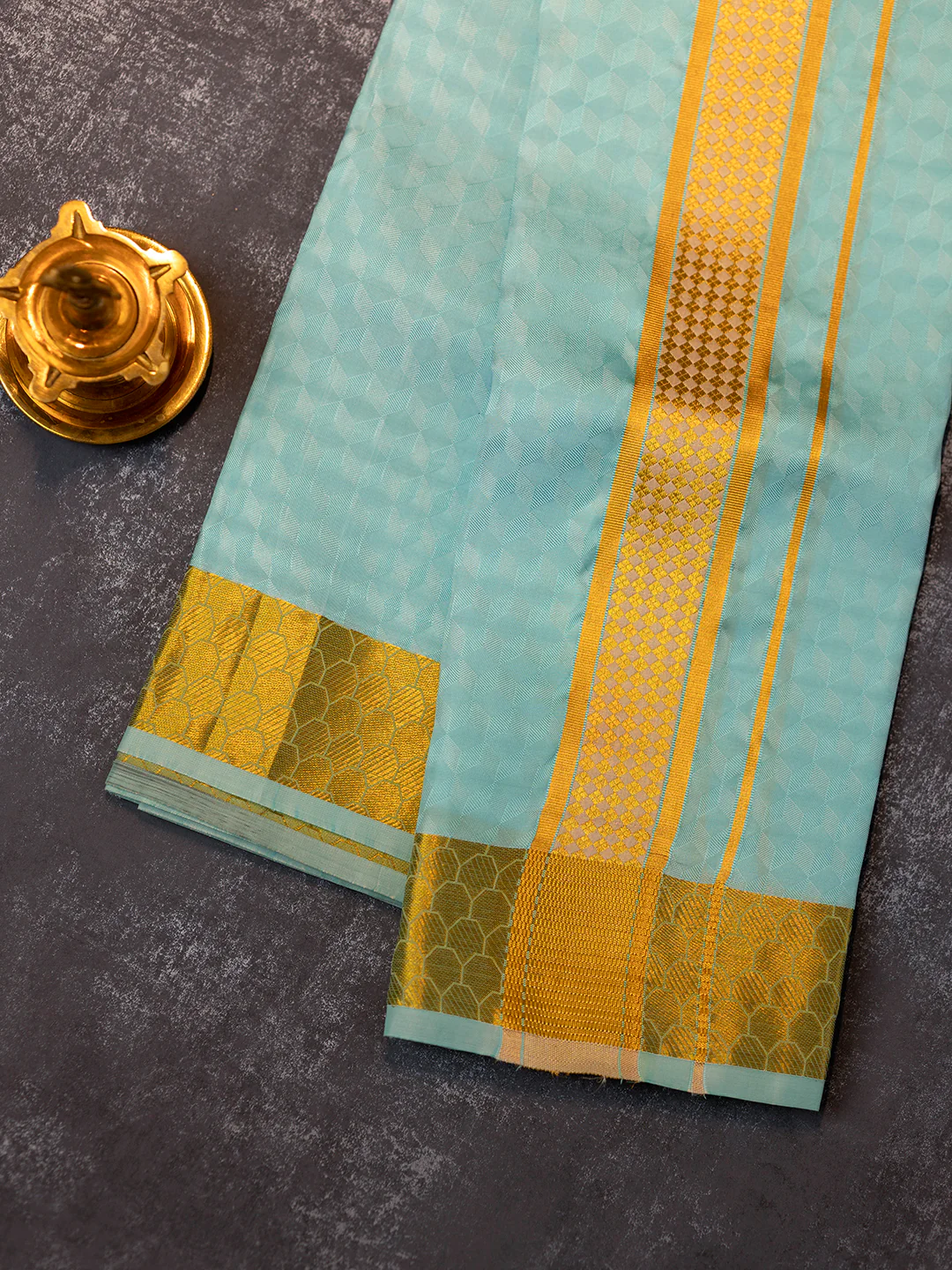 Men Pure Silk Blue Dhoti Shirting & Towel Set with 2 1/2 " inch Gold Jari Border RJ04 - Image 4
