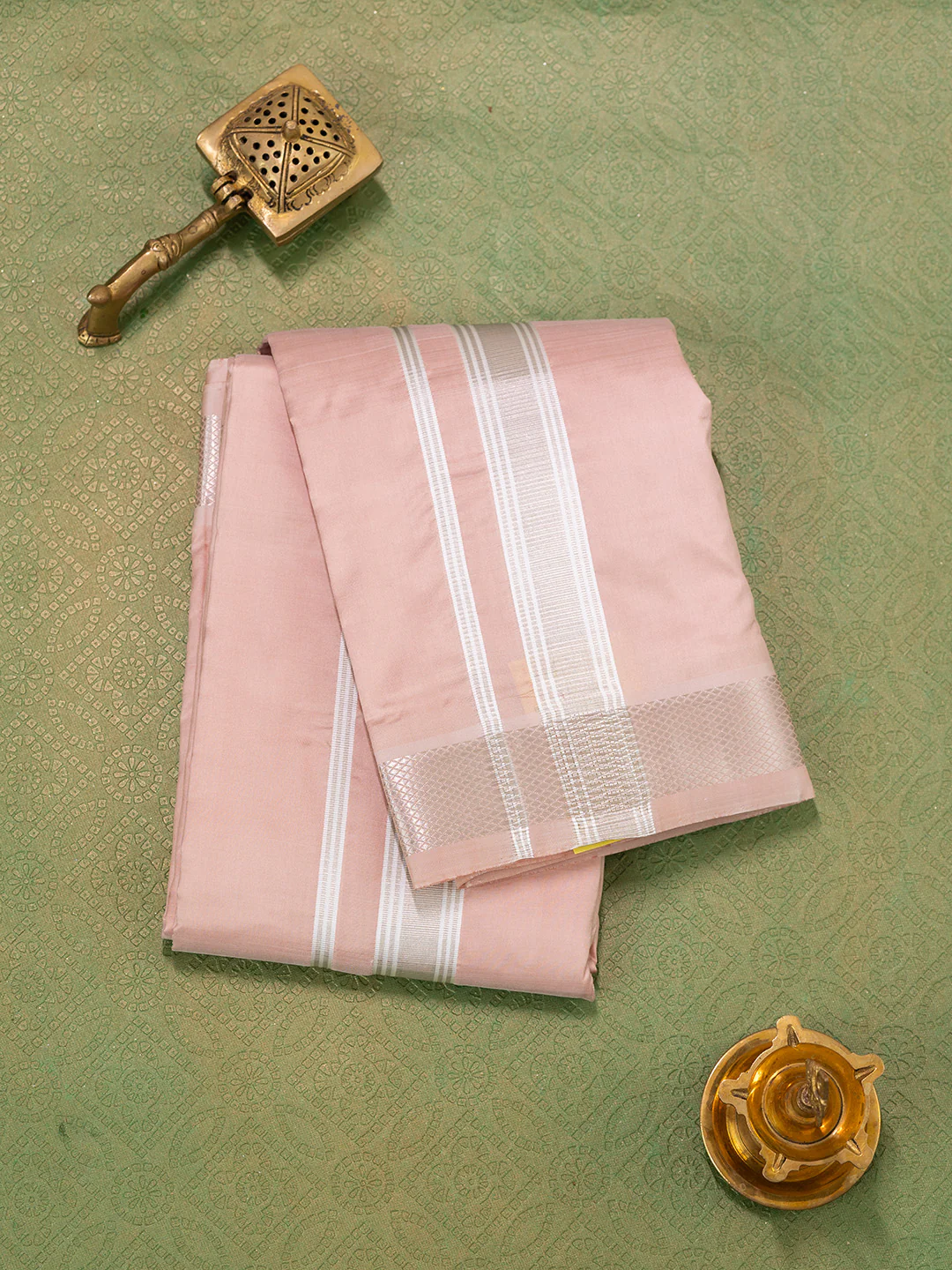 Men Pure Silk Copper Dhoti & Towel Set with 1 1/2" inch Silver Jari Border TKC01