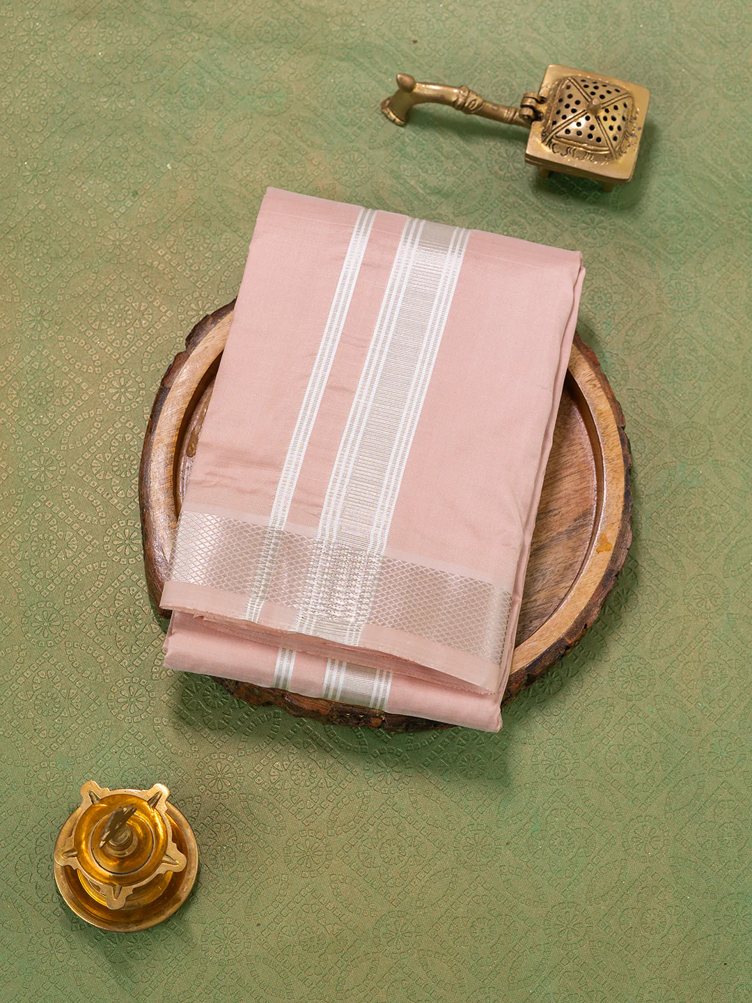 Men Pure Silk Copper Dhoti & Towel Set with 1 1/2" inch Silver Jari Border TKC01 - Image 2