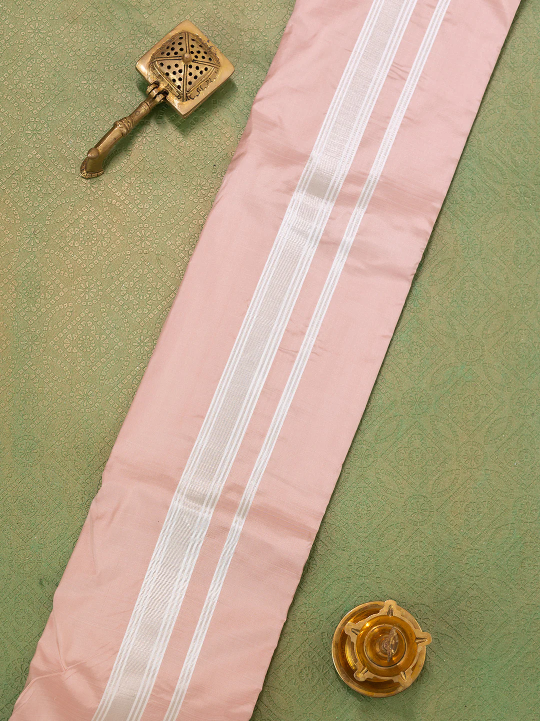Men Pure Silk Copper Dhoti & Towel Set with 1 1/2" inch Silver Jari Border TKC01 - Image 3