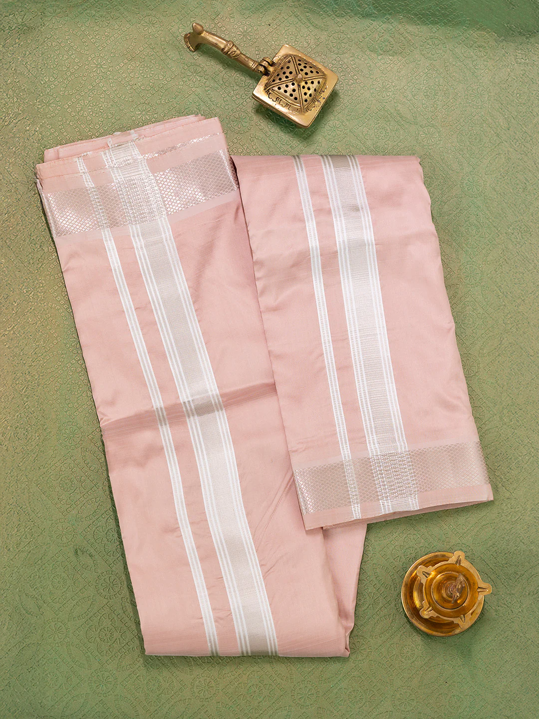 Men Pure Silk Copper Dhoti & Towel Set with 1 1/2" inch Silver Jari Border TKC01 - Image 4