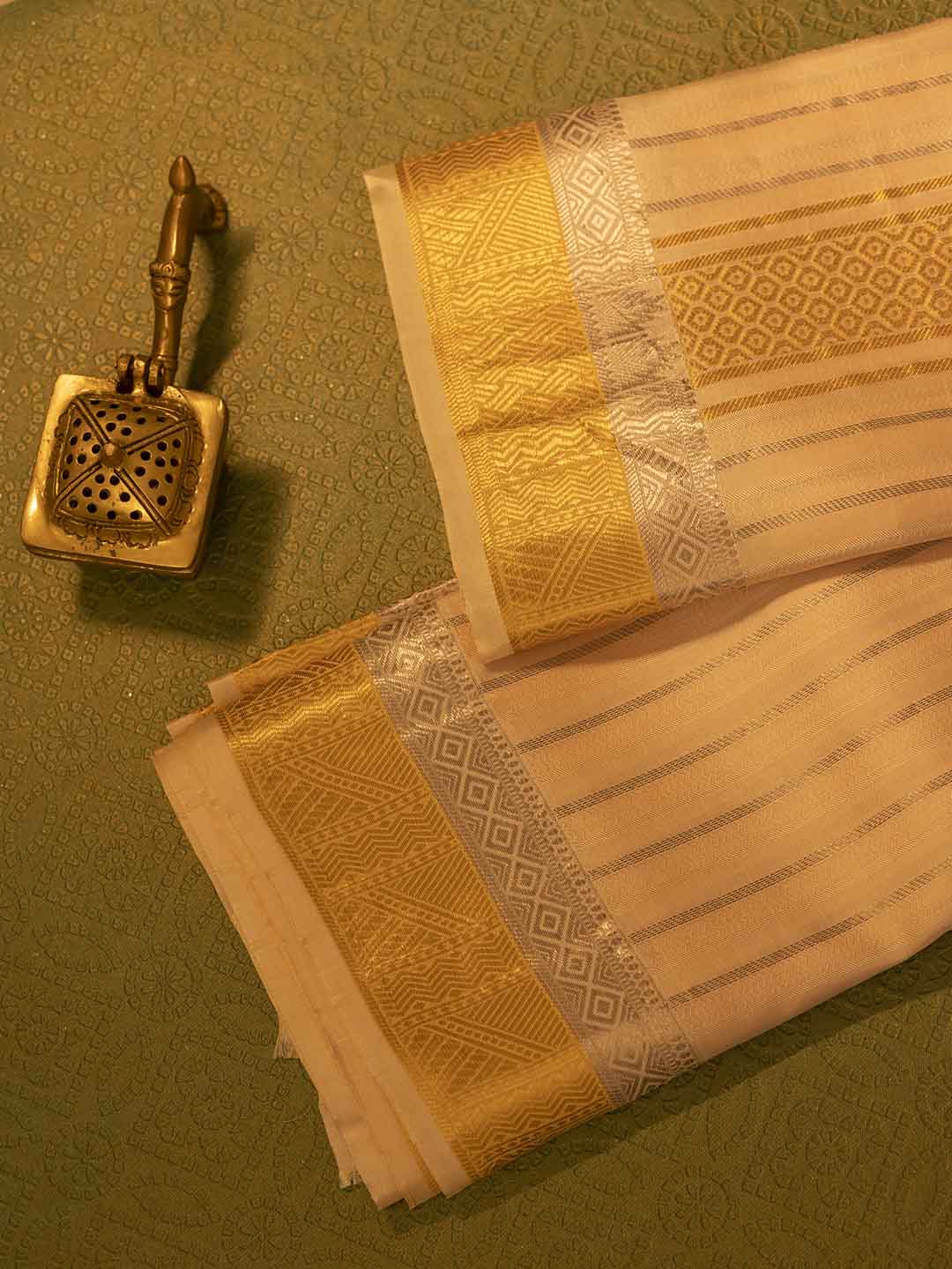 Men Pure Silk Coral Dhoti & Towel Set with 3" inch Gold Jari Border TK04 - Image 3