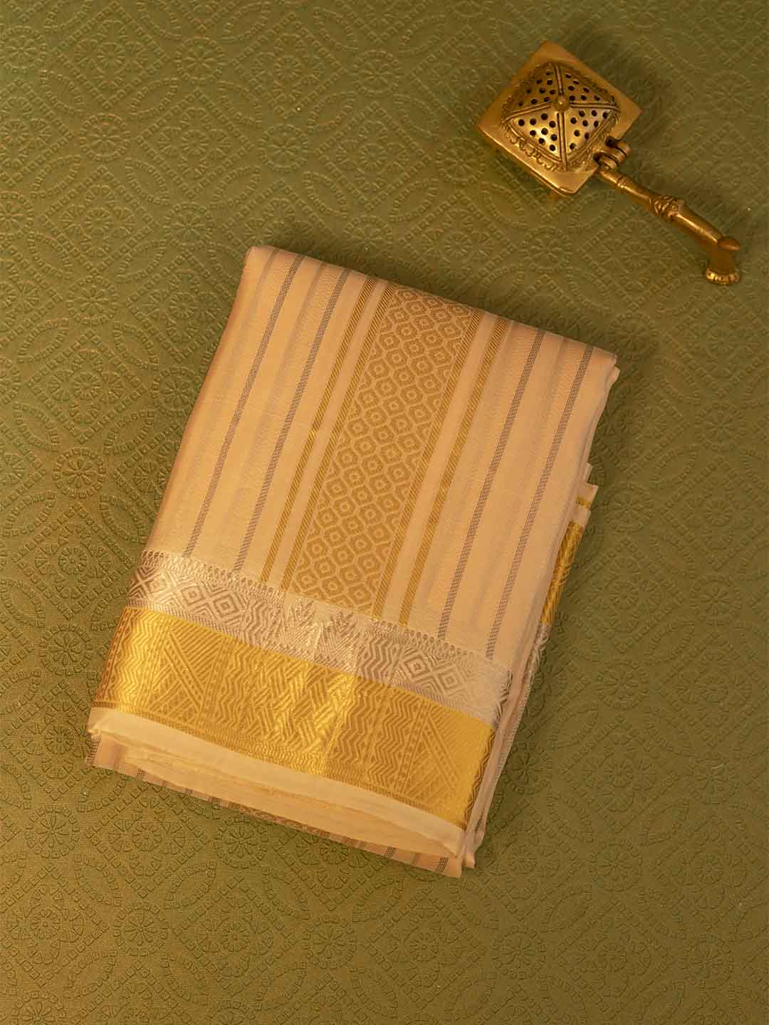 Men Pure Silk Coral Dhoti & Towel Set with 3" inch Gold Jari Border TK04 - Image 4