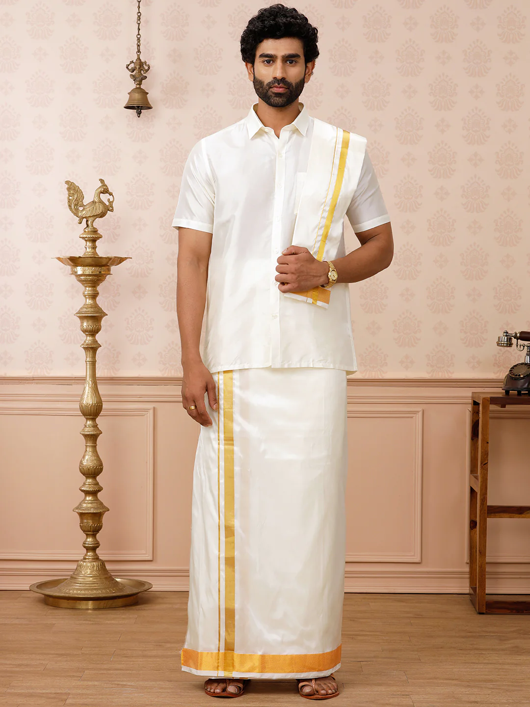 Men Pure Silk Cream Double Layer Dhoti 2" inch Jari Border Upasana - Image 3