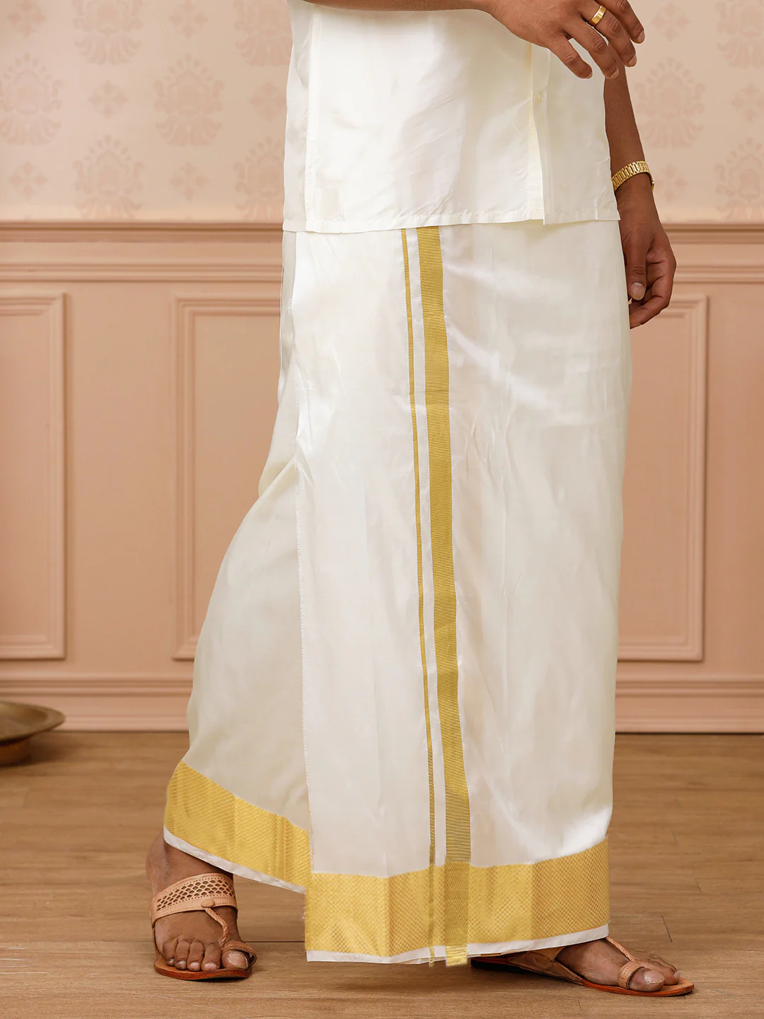 Men Pure Silk Cream Double Layer Dhoti with 3" inch Gold Jari Border Upasana - Image 3