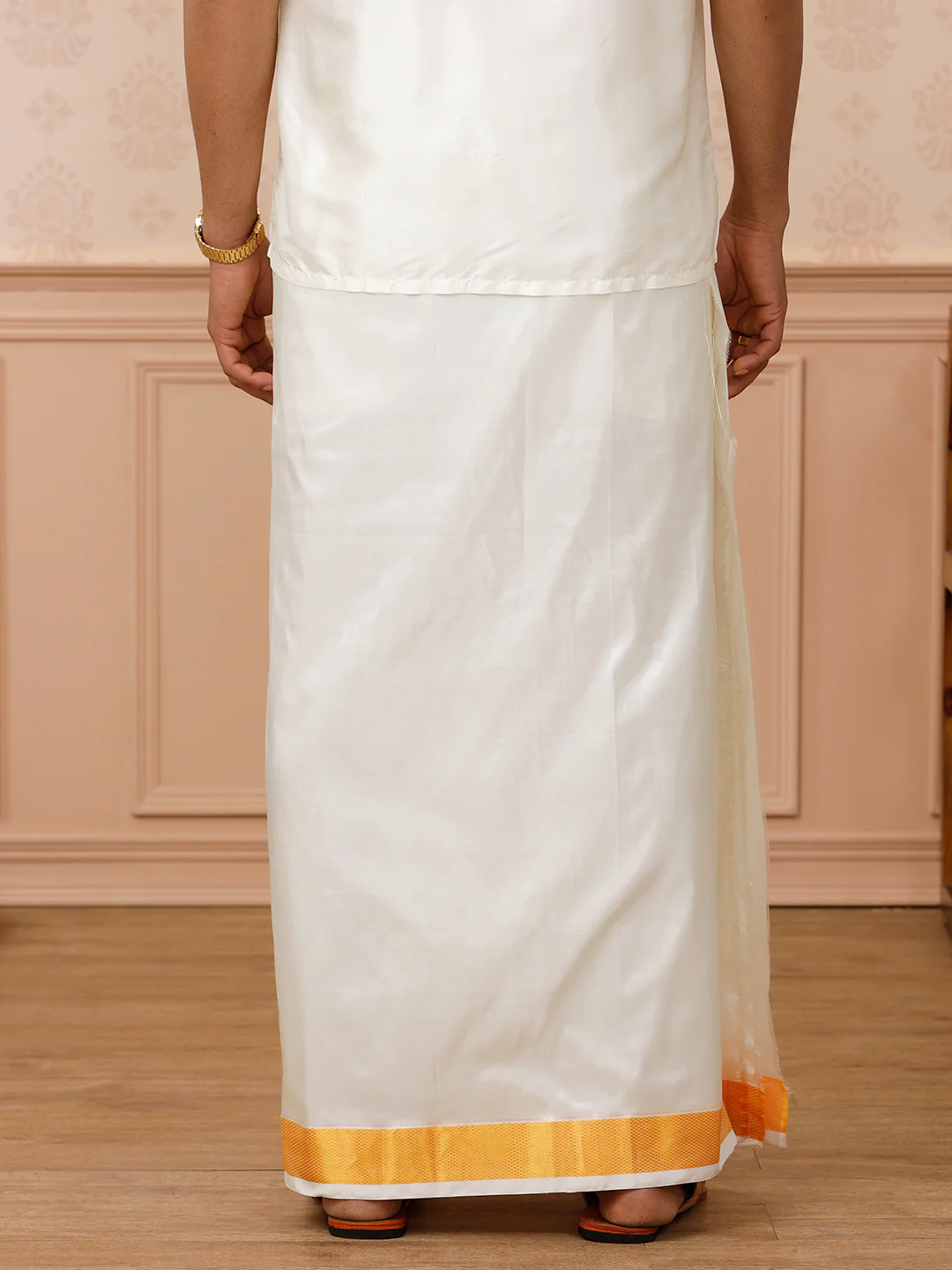Men Pure Silk Cream Double Layer Dhoti with 3" inch Gold Jari Border Upasana - Image 4