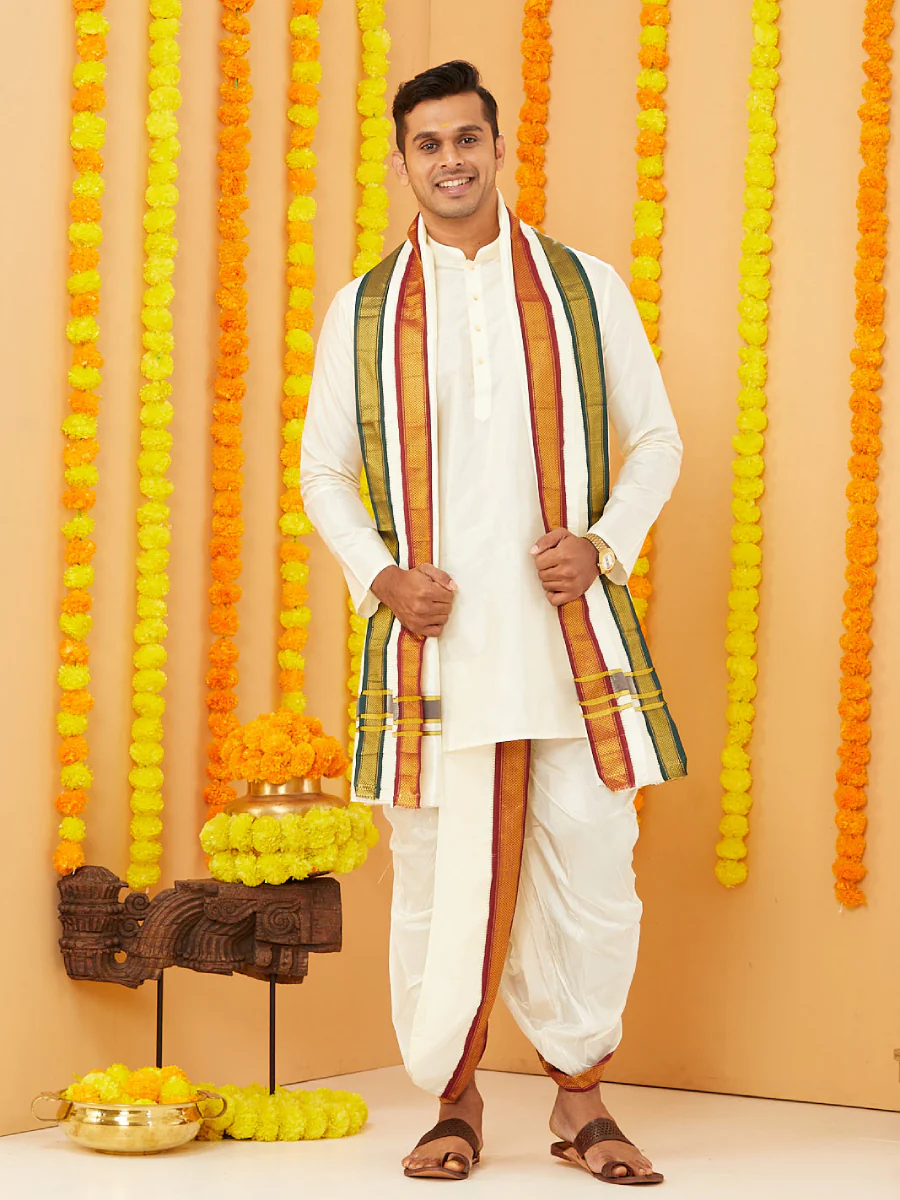 Men Pure Silk Cream Mayilkhan Border Panchakacham & Towel Set (9+5) Thirukalyan 5K - Image 3