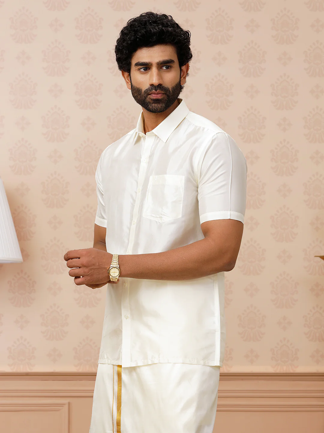 Men Pure Silk Cream Shirt Half Sleeves Silk Mark - Image 2
