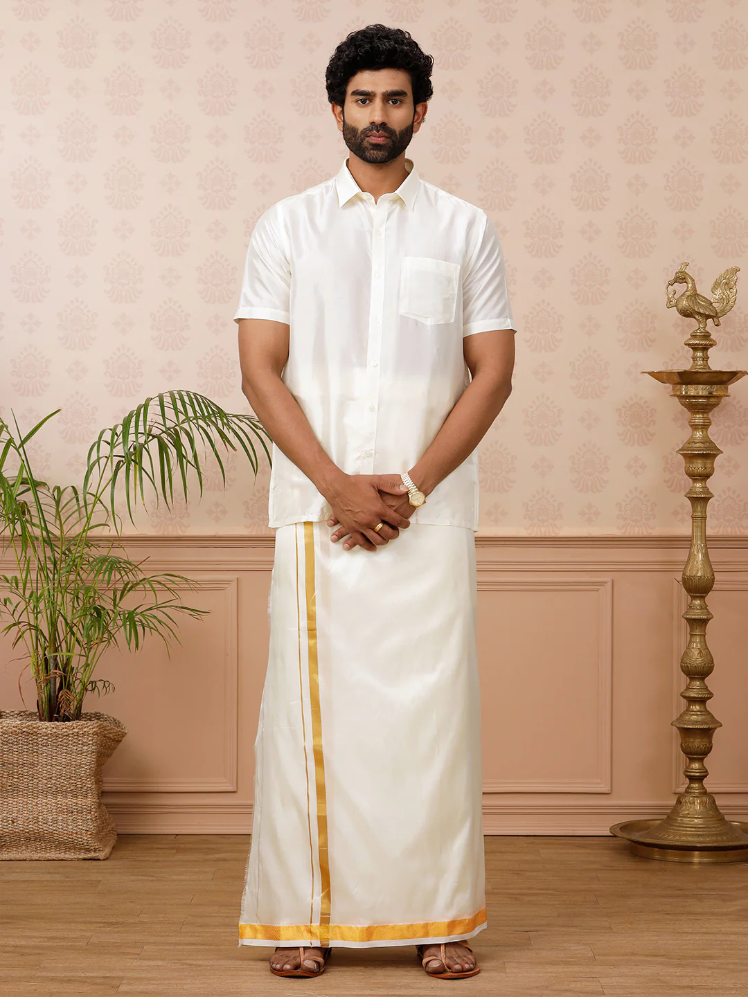 Men Pure Silk Cream Shirt Half Sleeves Silk Mark - Image 4