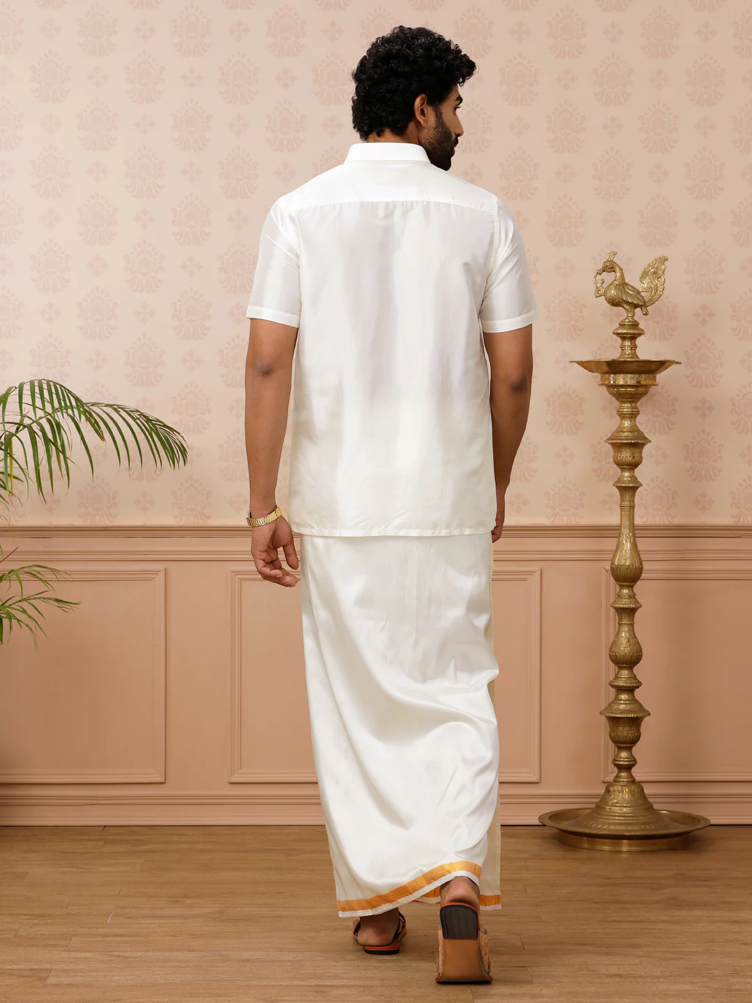 Men Pure Silk Cream Shirt Half Sleeves with 3/4" inch Jari Dhoti Combo - Image 3