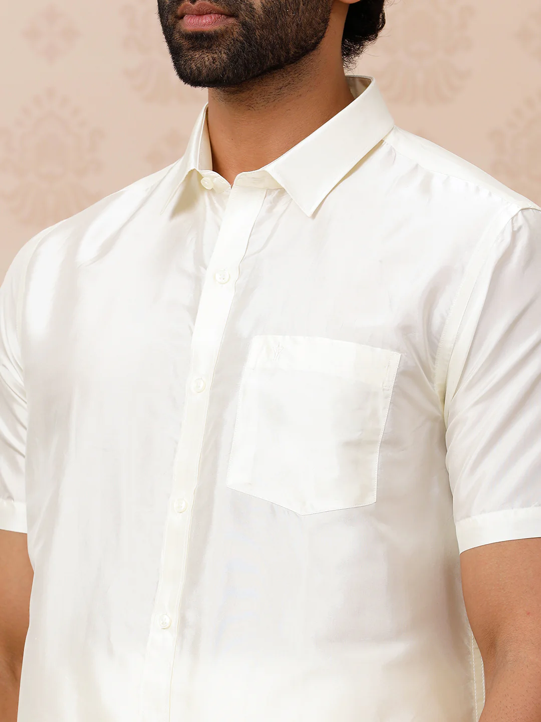 Men Pure Silk Cream Shirt Half Sleeves with 3/4" inch Jari Dhoti Combo - Image 4