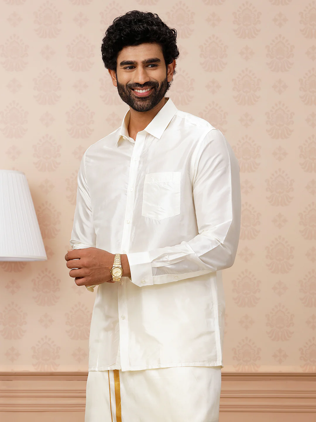 Men Pure Silk Cream Shirt Silk Mark - Image 2