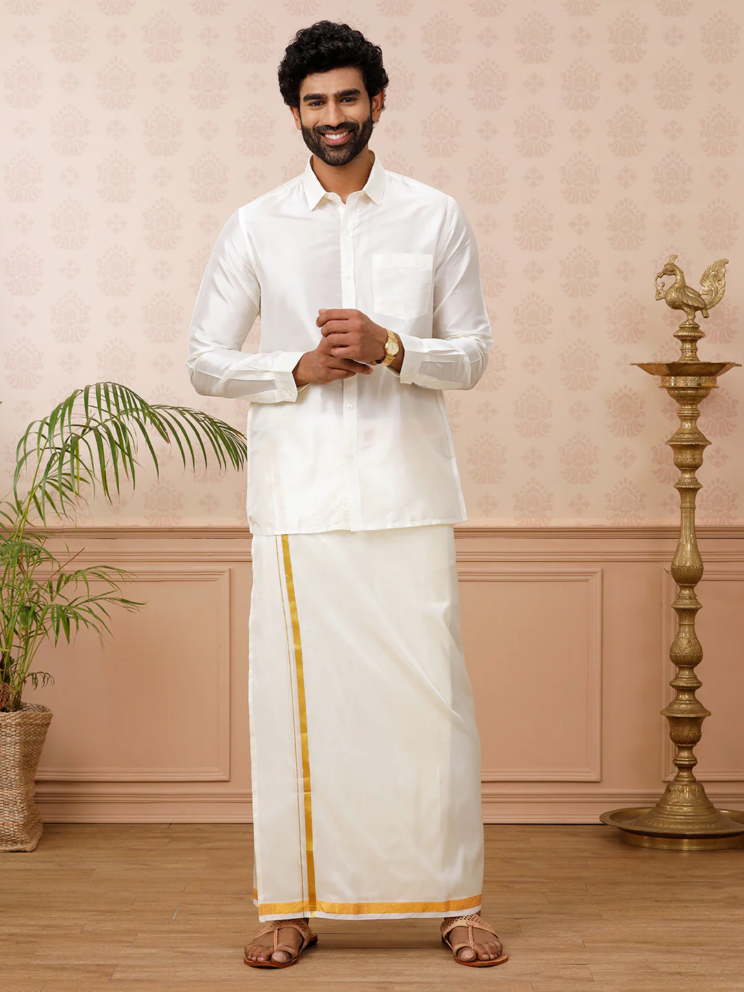 Men Pure Silk Cream Shirt with 3/4" inch Jari Border Dhoti Combo - Image 6