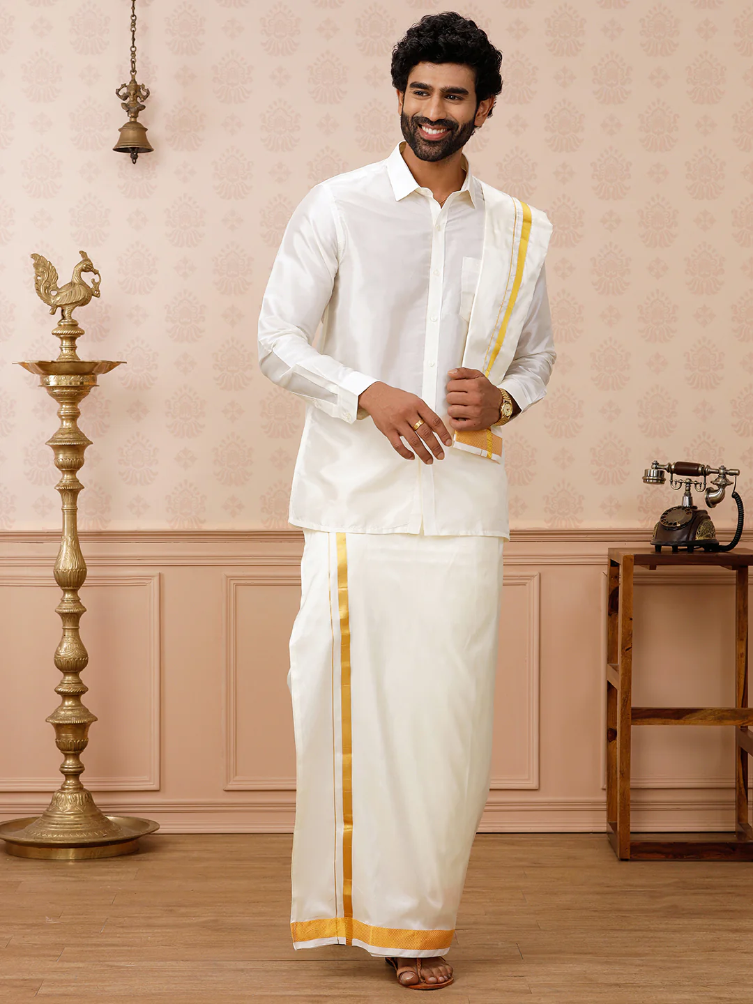Men Pure Silk Cream with 1 1/2" inch Jari Border Dhoti Shirt & Towel Set - Image 3