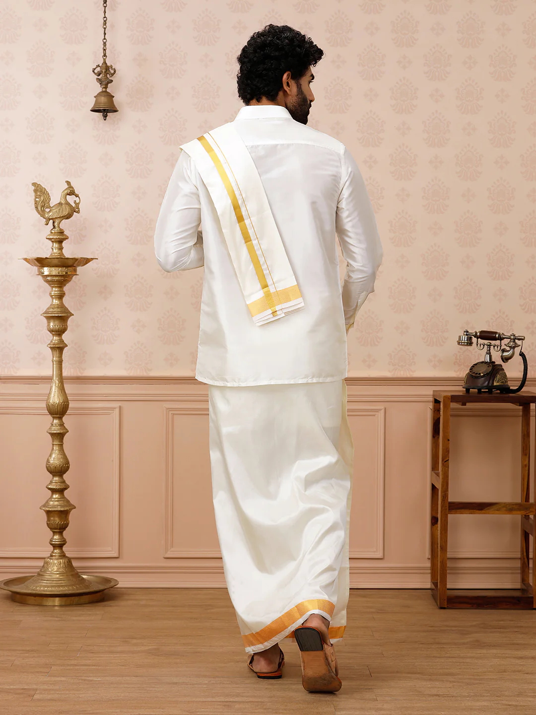 Men Pure Silk Cream with 1 1/2" inch Jari Border Dhoti Shirt & Towel Set - Image 5