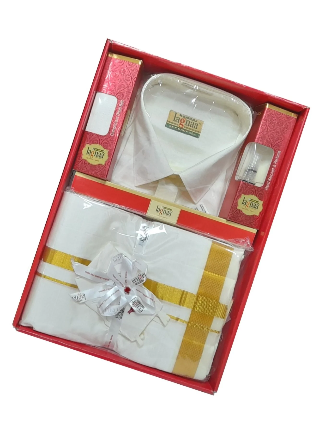 Men Pure Silk Cream with 1 1/2" inch Jari Border Dhoti Shirt & Towel Set - Image 6