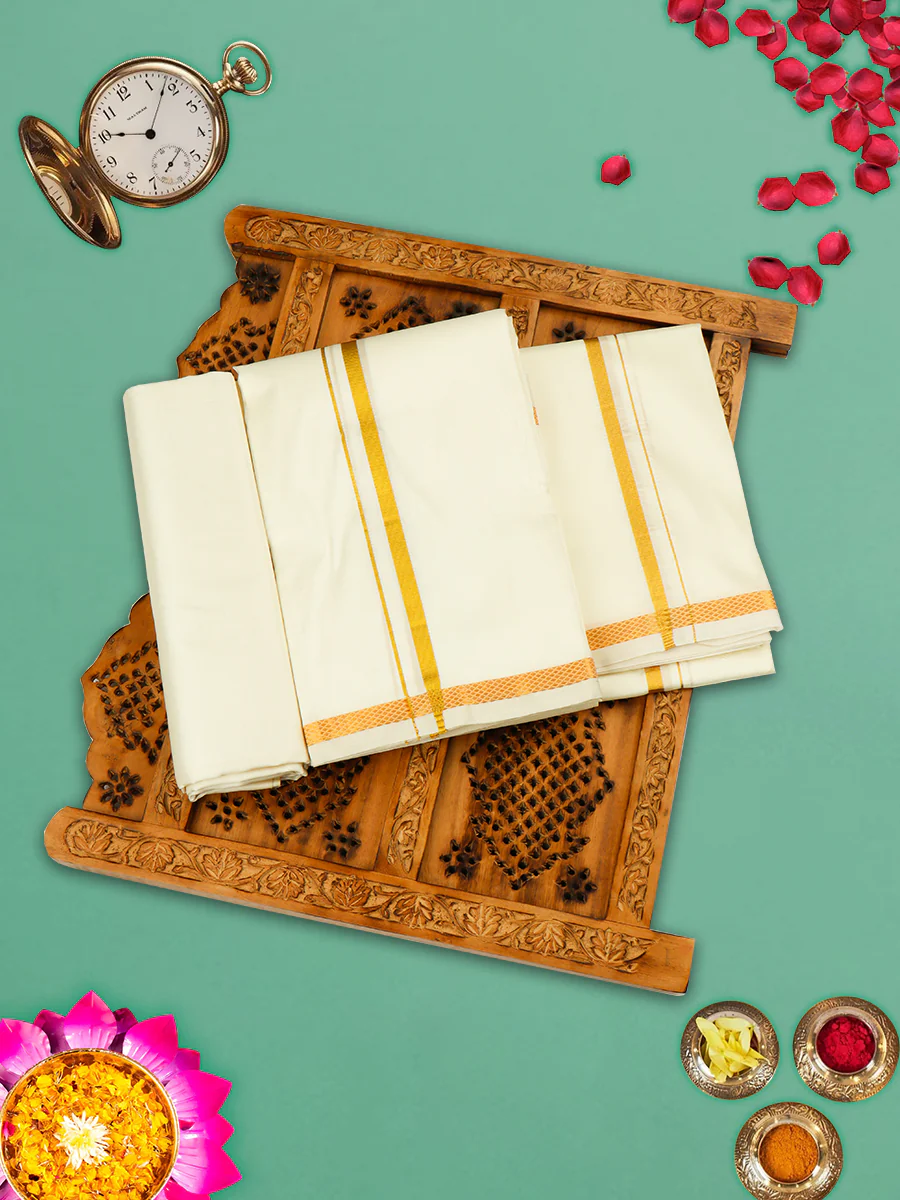 Men Pure Silk Cream with 1 1/2" inch Jari Border Dhoti Shirting & Towel Set Rajahamsa - Image 4
