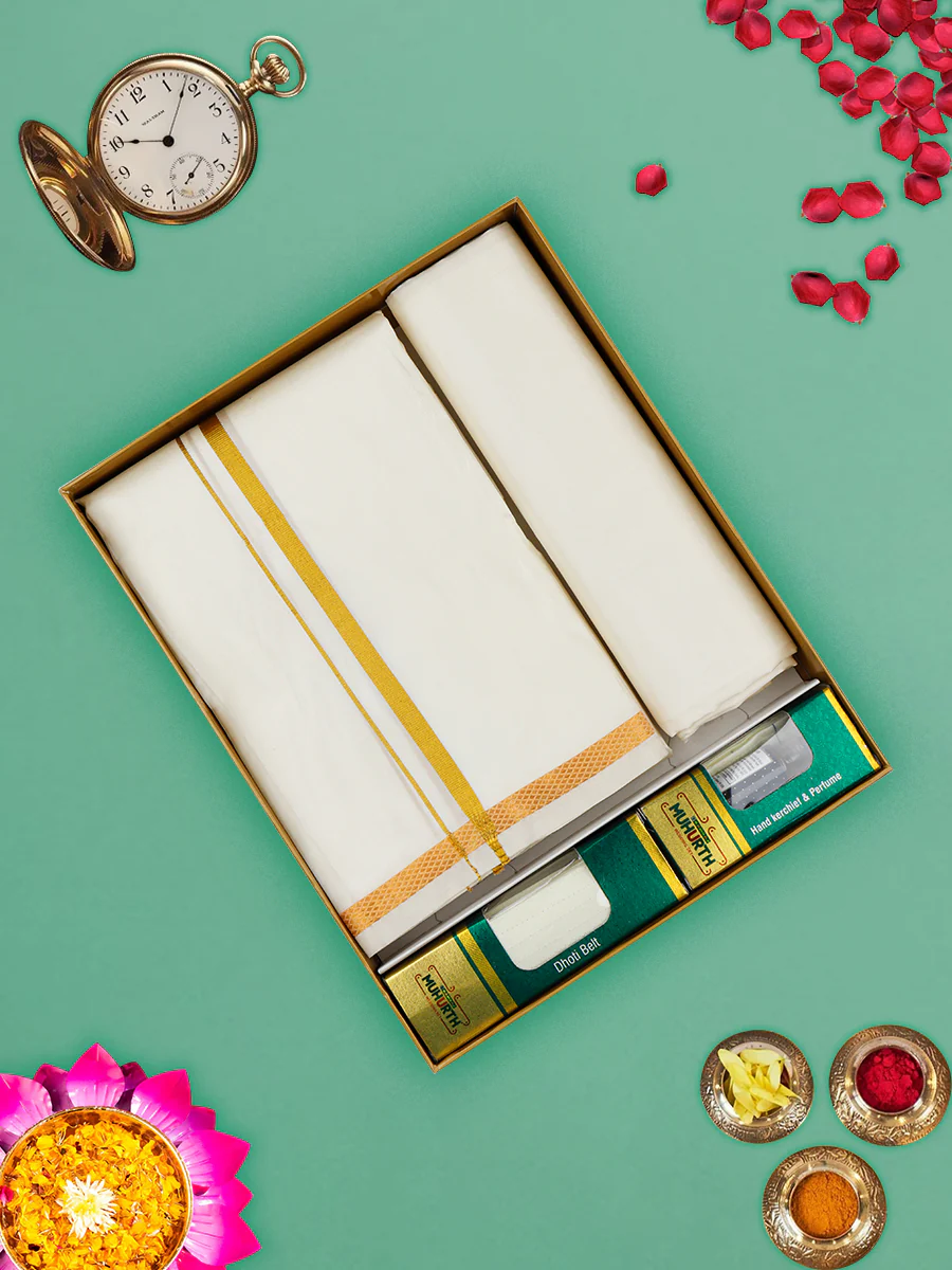 Men Pure Silk Cream with 1 1/2" inch Jari Border Dhoti Shirting & Towel Set Rajahamsa - Image 5
