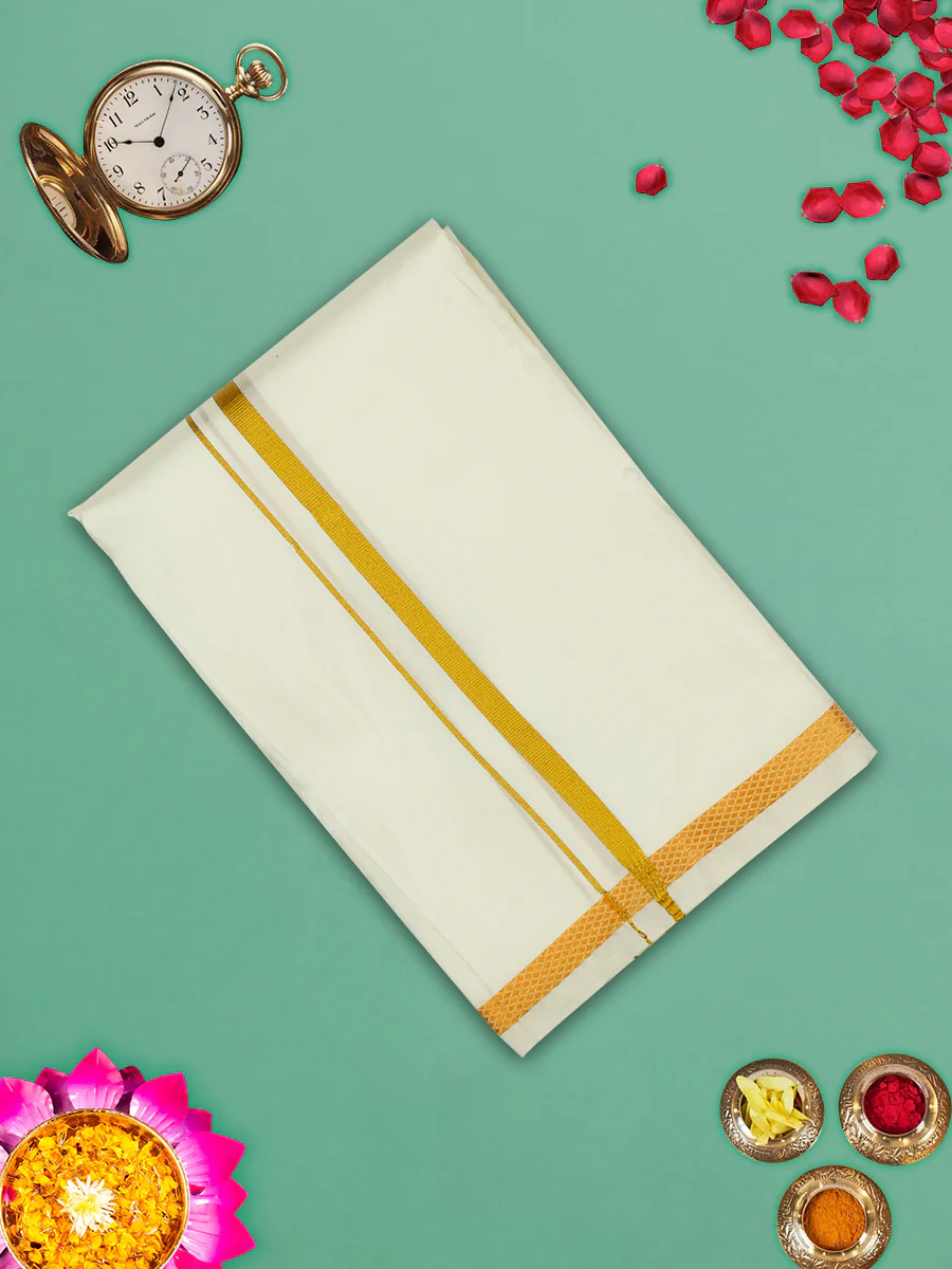 Men Pure Silk Cream with 1 1/2" inch Jari Border Dhoti Shirting & Towel Set Rajahamsa - Image 6