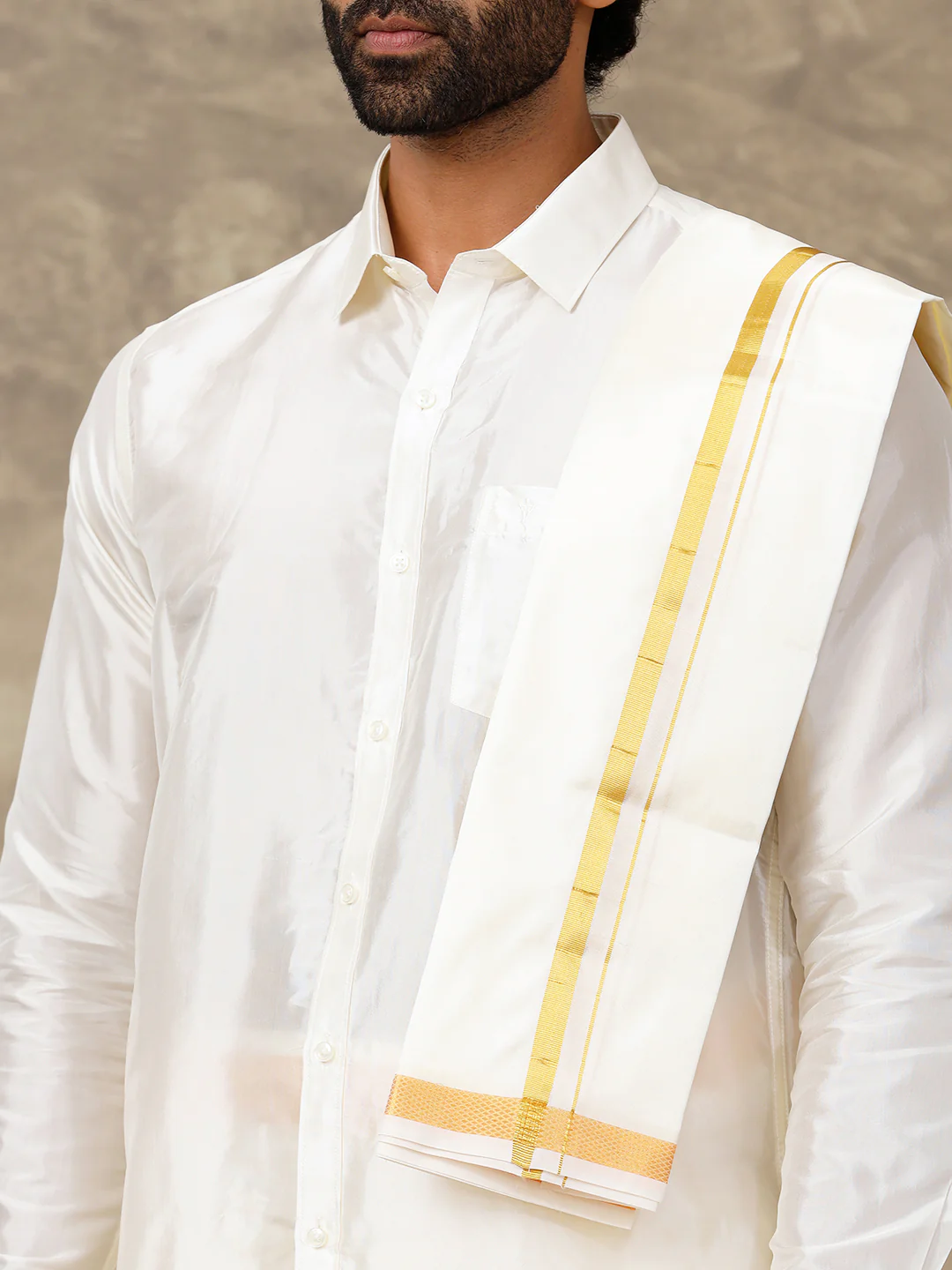 Men Pure Silk Cream with 1 1/2" inch Jari Border Dhoti & Towel Set Thirukalyan 50K - Image 3