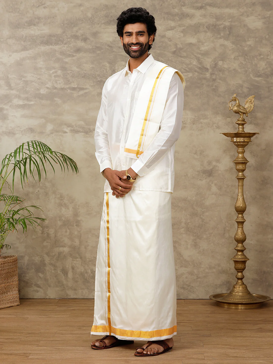 Men Pure Silk Cream with 1 1/2" inch Jari Border Dhoti & Towel Set Thirukalyan 50K - Image 5