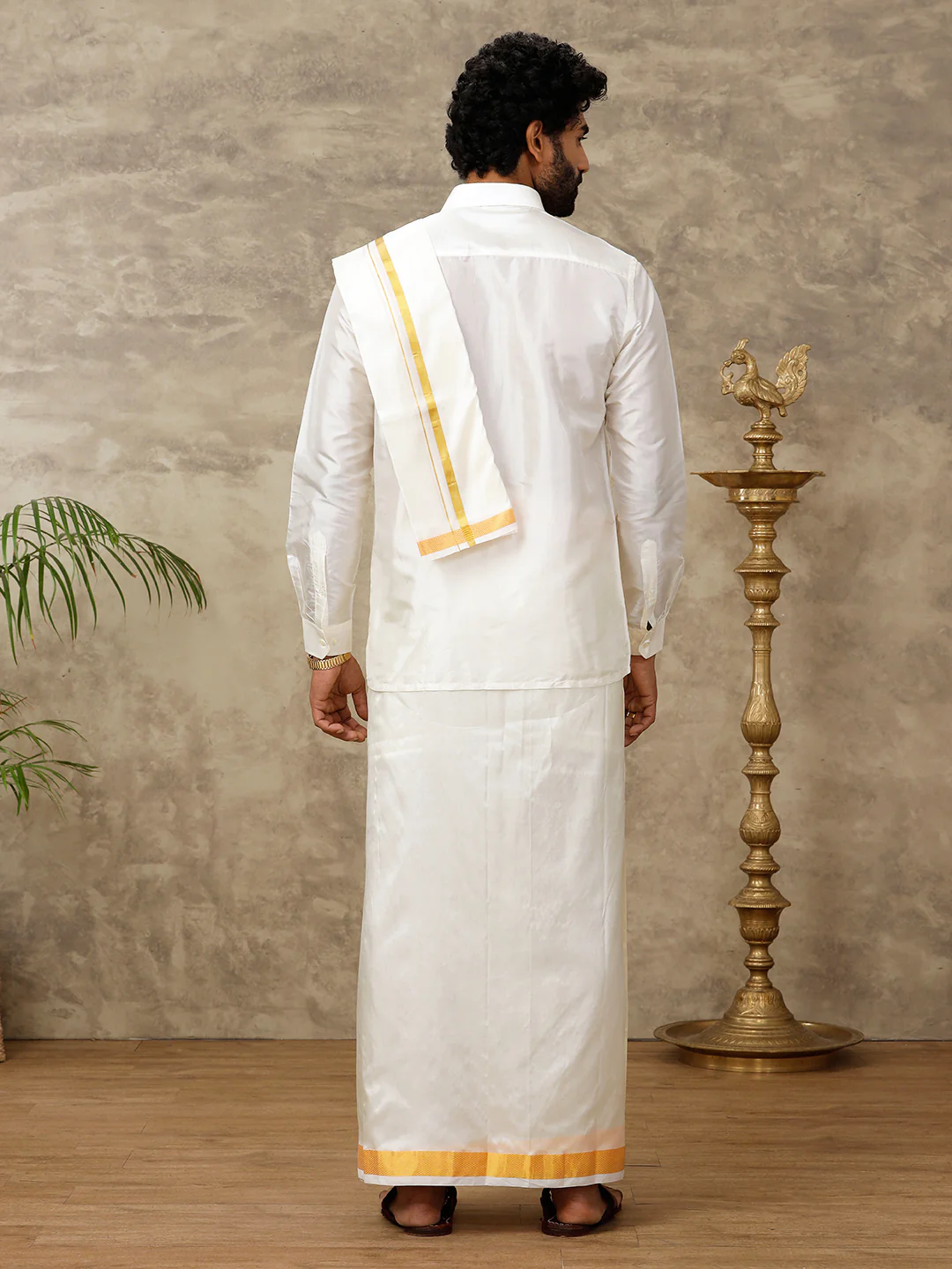 Men Pure Silk Cream with 1 1/2" inch Jari Border Dhoti & Towel Set Thirukalyan 50K - Image 6
