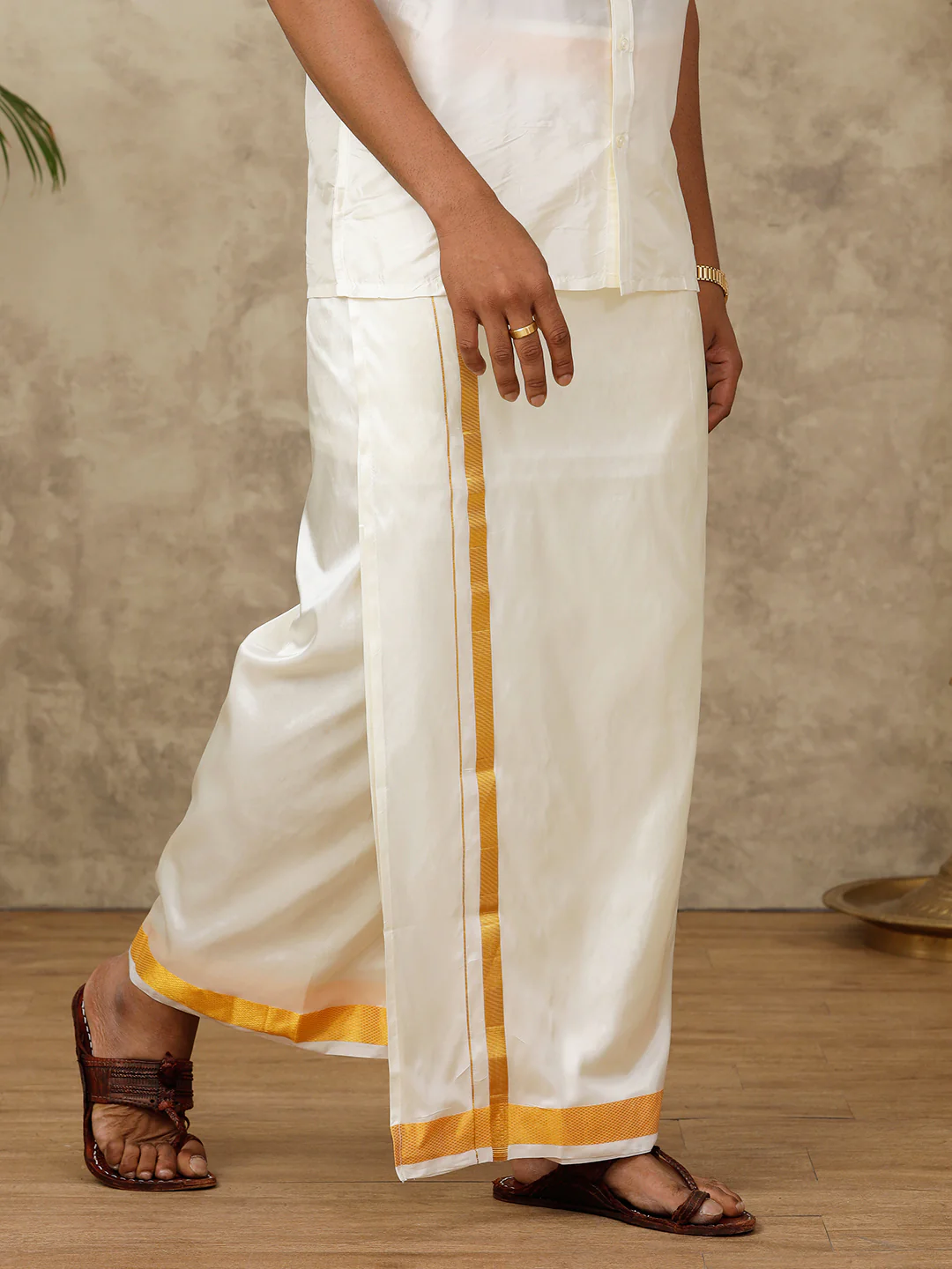 Men Pure Silk Cream with 1 1/2" inch Jari Border Double Layer Dhoti Genxt - Image 2