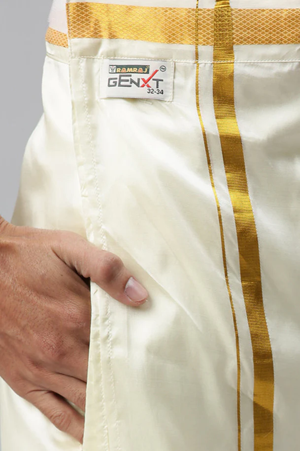 Men Pure Silk Cream with 1 1/2" inch Jari Border Double Layer Dhoti Genxt - Image 3
