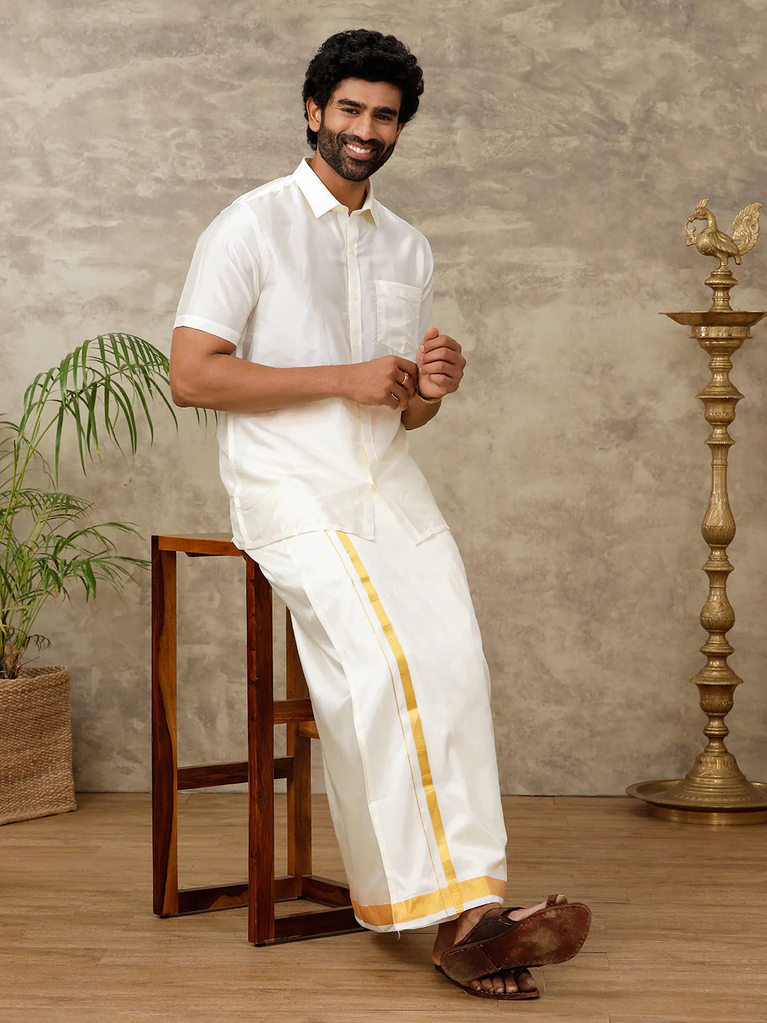 Men Pure Silk Cream with 1 1/2" inch Jari Border Double Layer Dhoti Genxt - Image 4