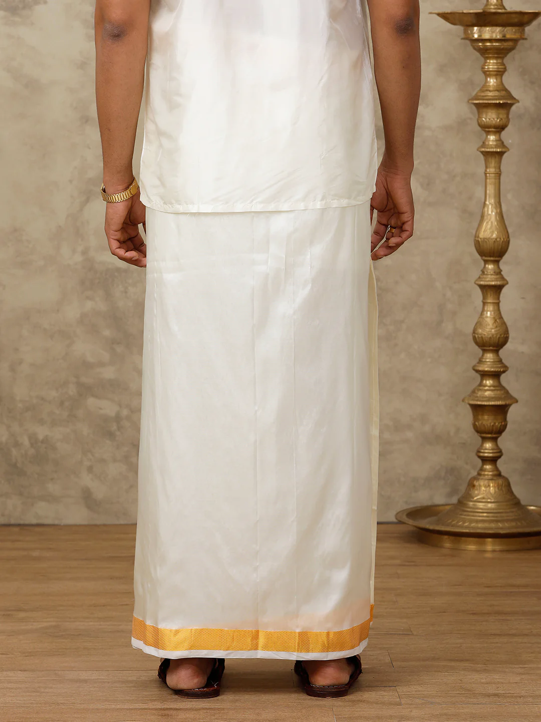 Men Pure Silk Cream with 1 1/2" inch Jari Border Double Layer Dhoti Upasana - Image 4