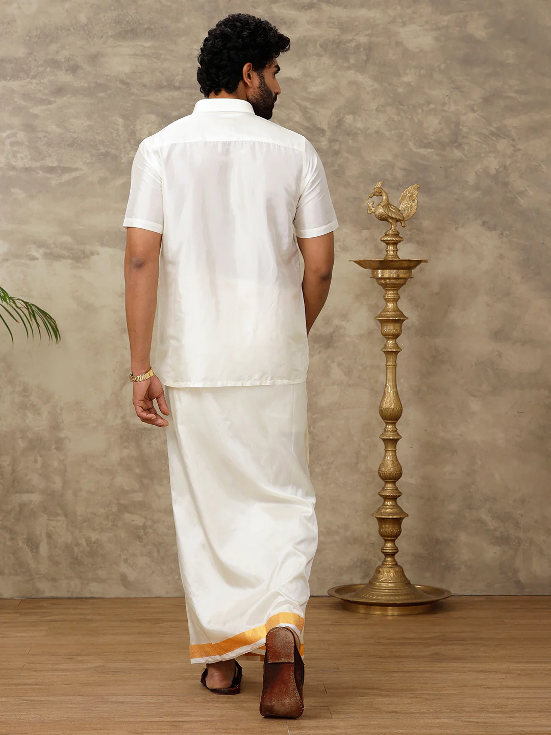 Men Pure Silk Cream with 1 1/2" inch Jari Border Double Layer Dhoti Upasana - Image 5